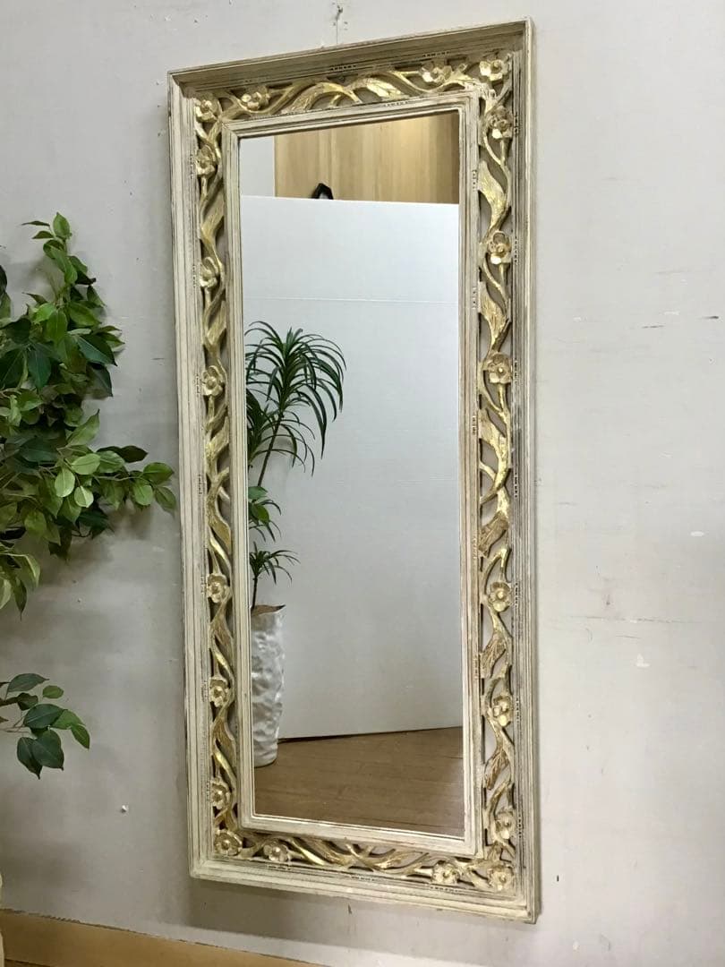 管306☆イタリア製☆木製手彫り彫刻☆アンティーク☆ウォールミラー☆大型鏡☆姿見