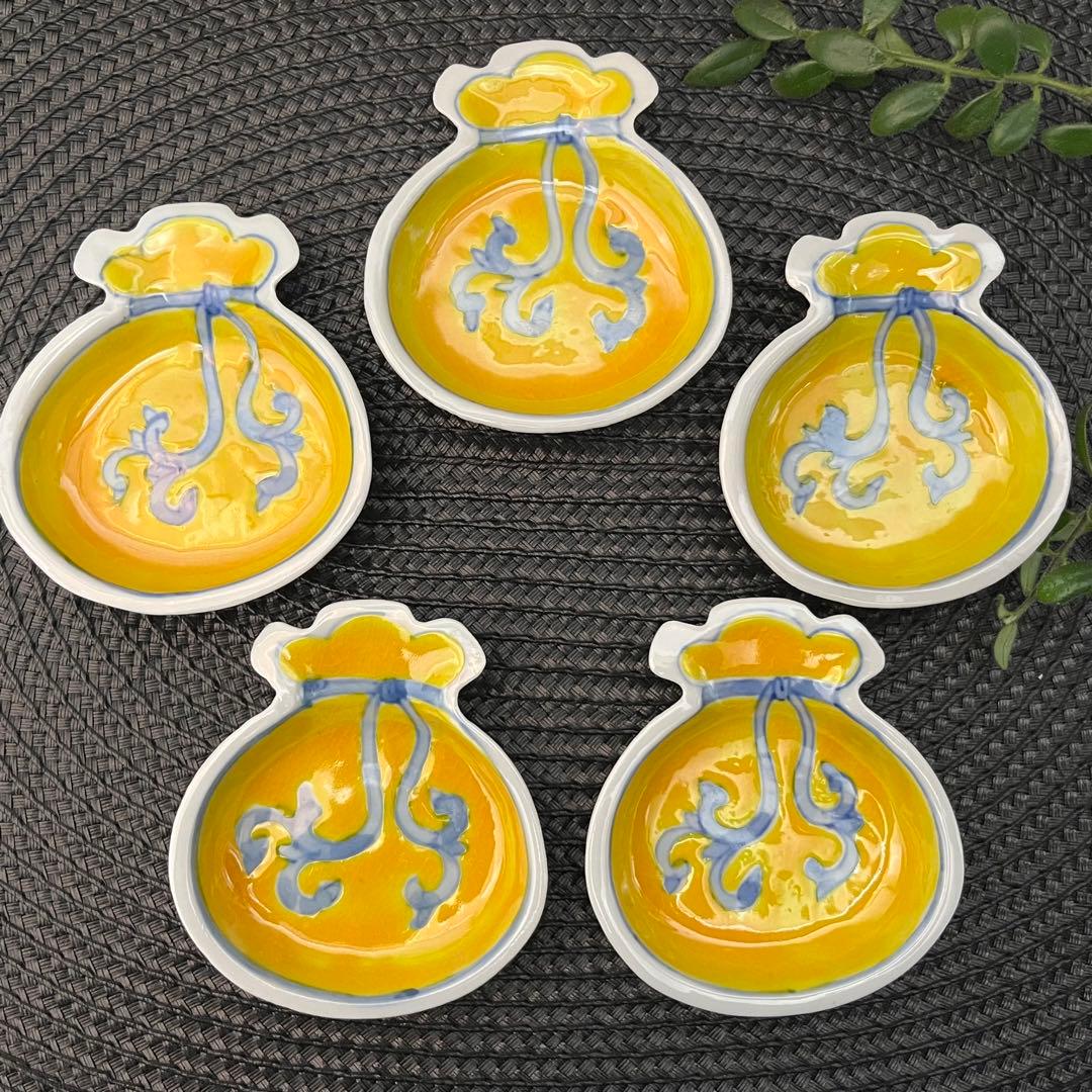 新品未使用　九谷焼　宝袋豆皿5枚セット　豆皿　小皿　正月食器