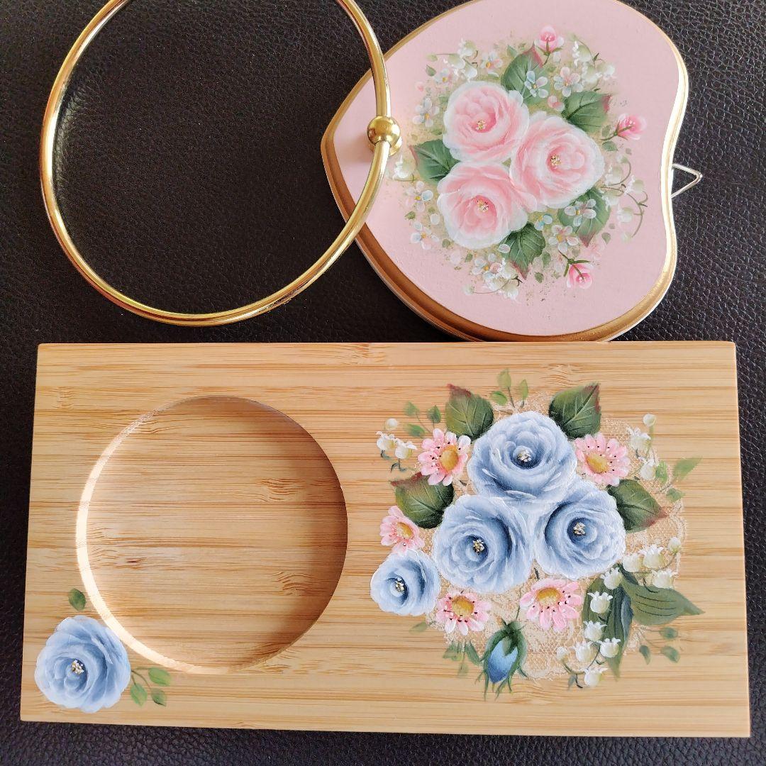 トールペイント作品薔薇のカップトレー