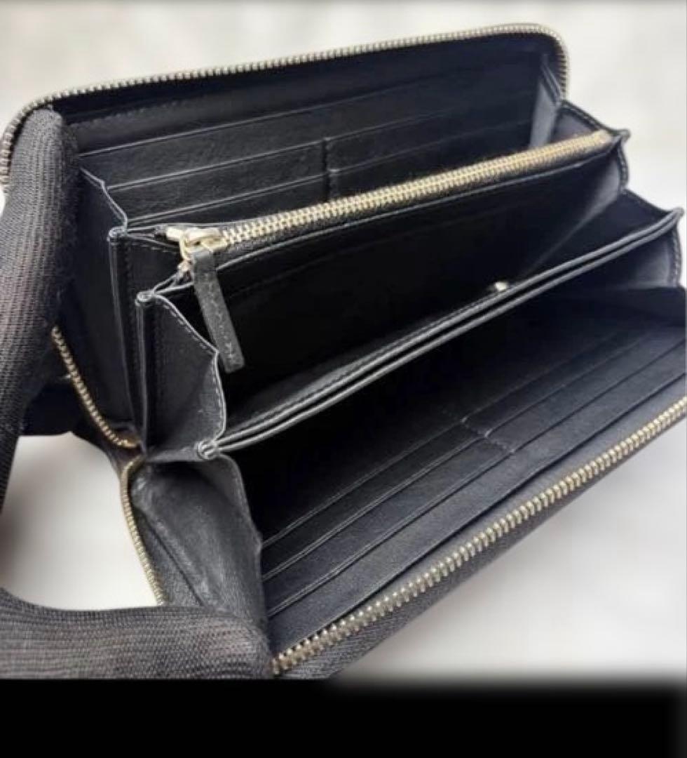 GUCCI インターロッキングG シマ レザー ラウンドファスナー 長財布 黒