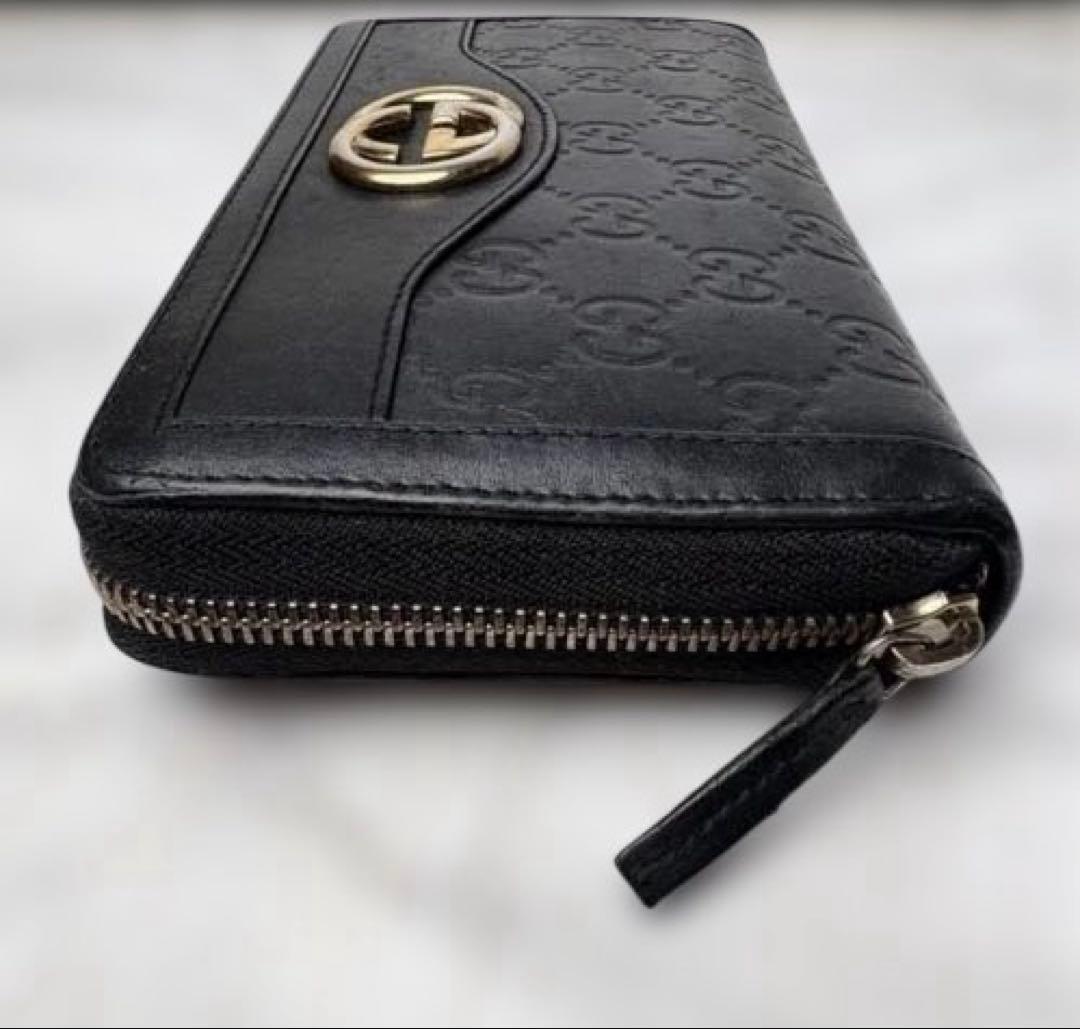 GUCCI インターロッキングG シマ レザー ラウンドファスナー 長財布 黒