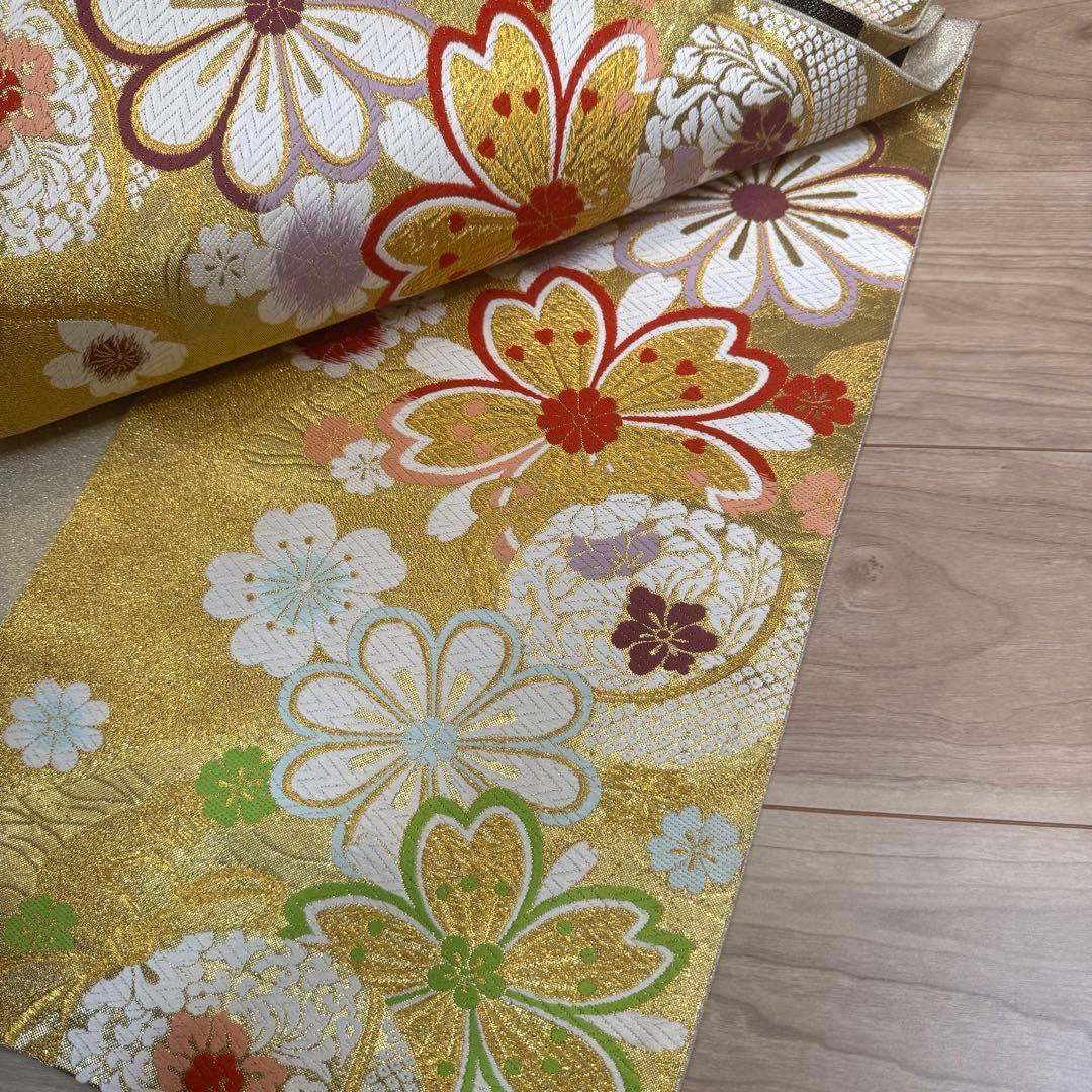 超美品　正絹　現代　袋帯　着物　六通　振袖　成人式　454 白　金　赤　花柄