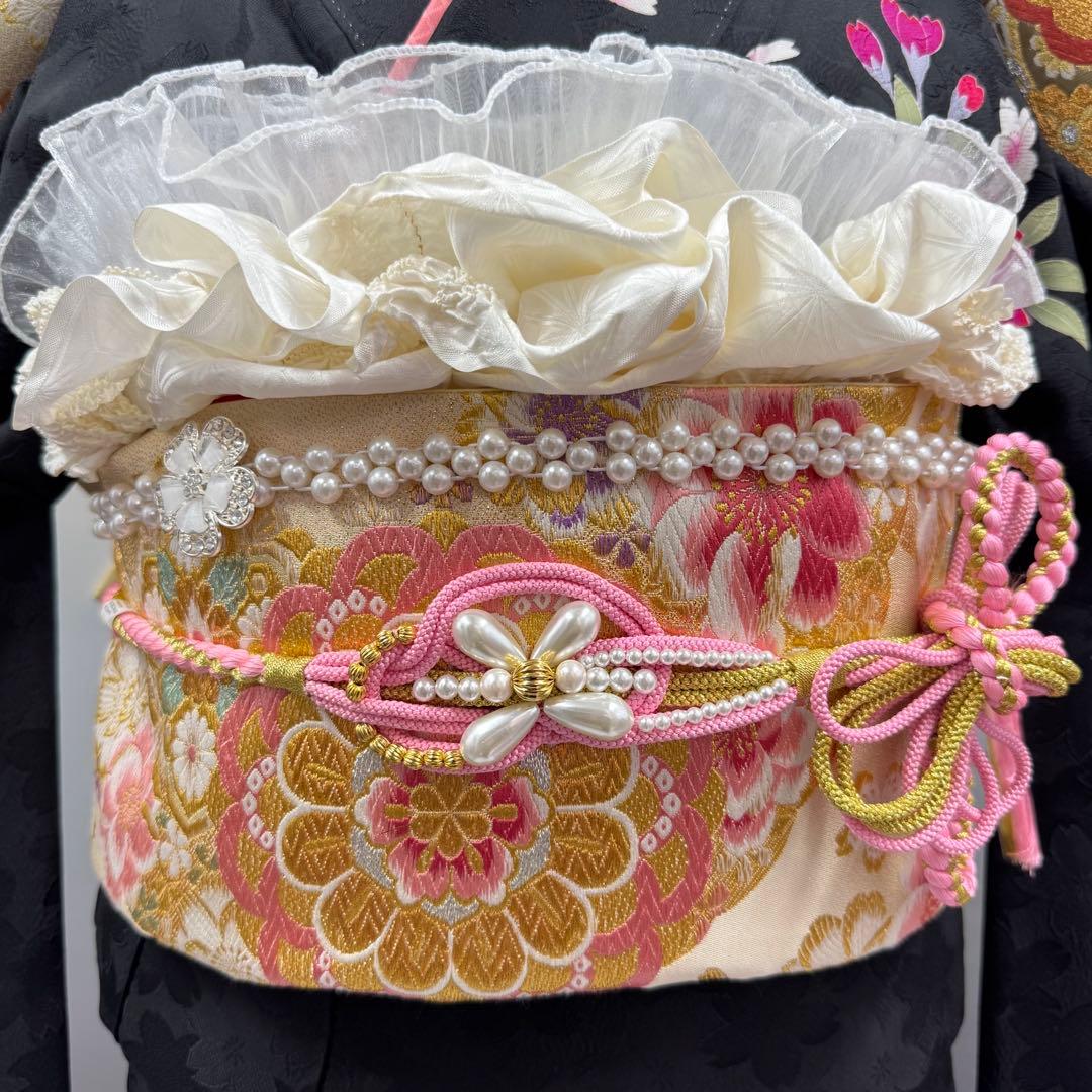 逸品 振袖7点フルセット 金駒刺繍 成人式 謝恩会　卒業式　黒地　ピンク