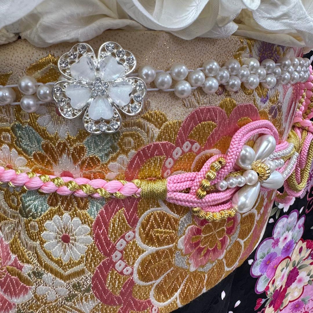 逸品 振袖7点フルセット 金駒刺繍 成人式 謝恩会　卒業式　黒地　ピンク
