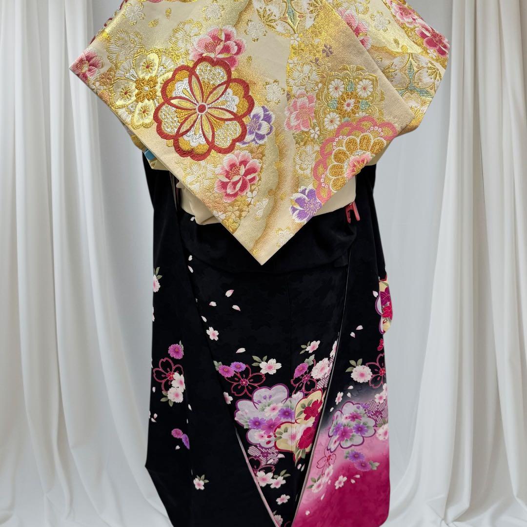逸品 振袖7点フルセット 金駒刺繍 成人式 謝恩会　卒業式　黒地　ピンク