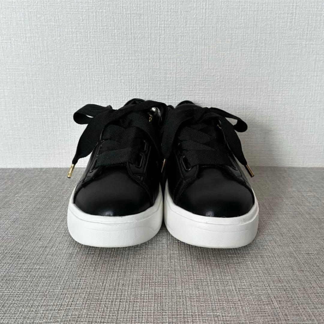 極美品 プラスダイアナ 超軽量 リボンスニーカー 黒 レザースニーカー 厚底