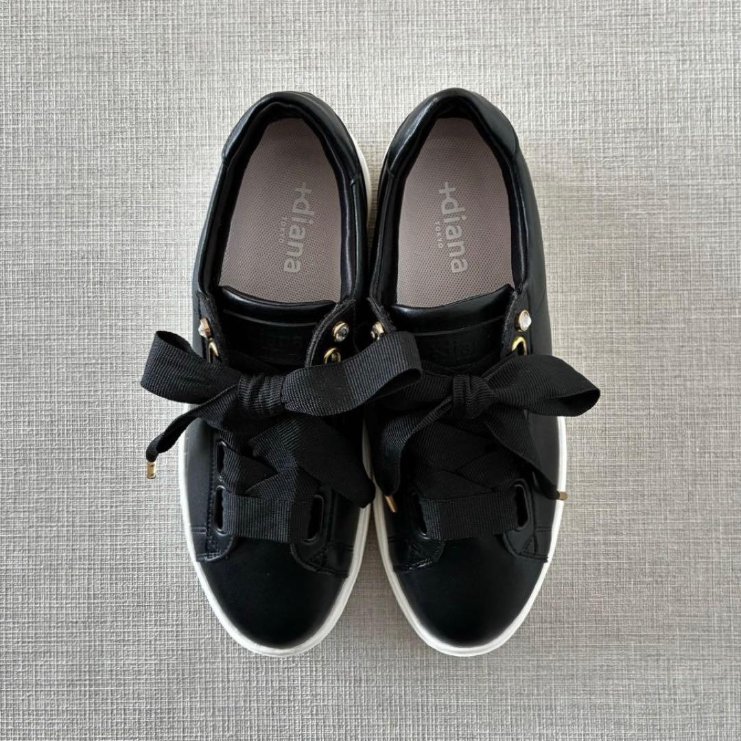 極美品 プラスダイアナ 超軽量 リボンスニーカー 黒 レザースニーカー 厚底