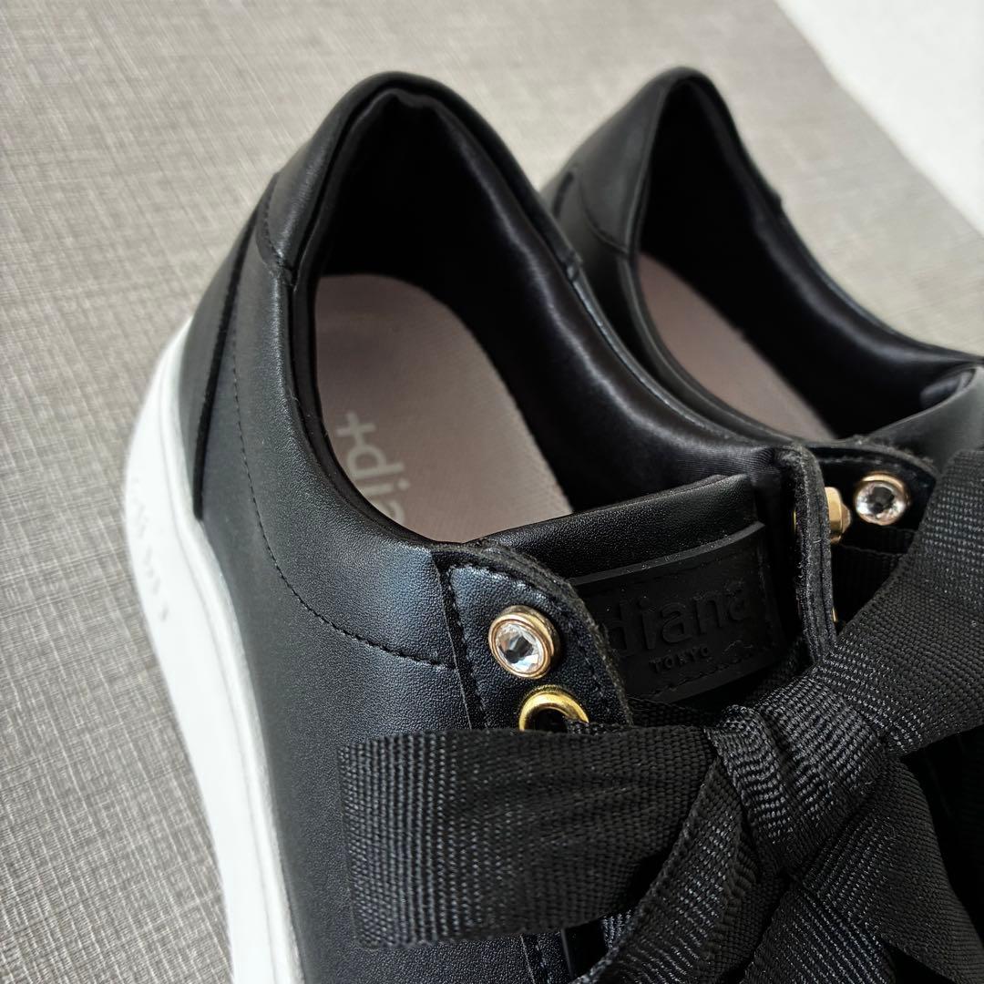 極美品 プラスダイアナ 超軽量 リボンスニーカー 黒 レザースニーカー 厚底