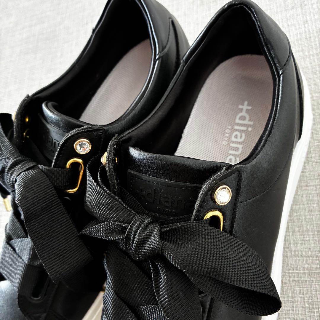 極美品 プラスダイアナ 超軽量 リボンスニーカー 黒 レザースニーカー 厚底