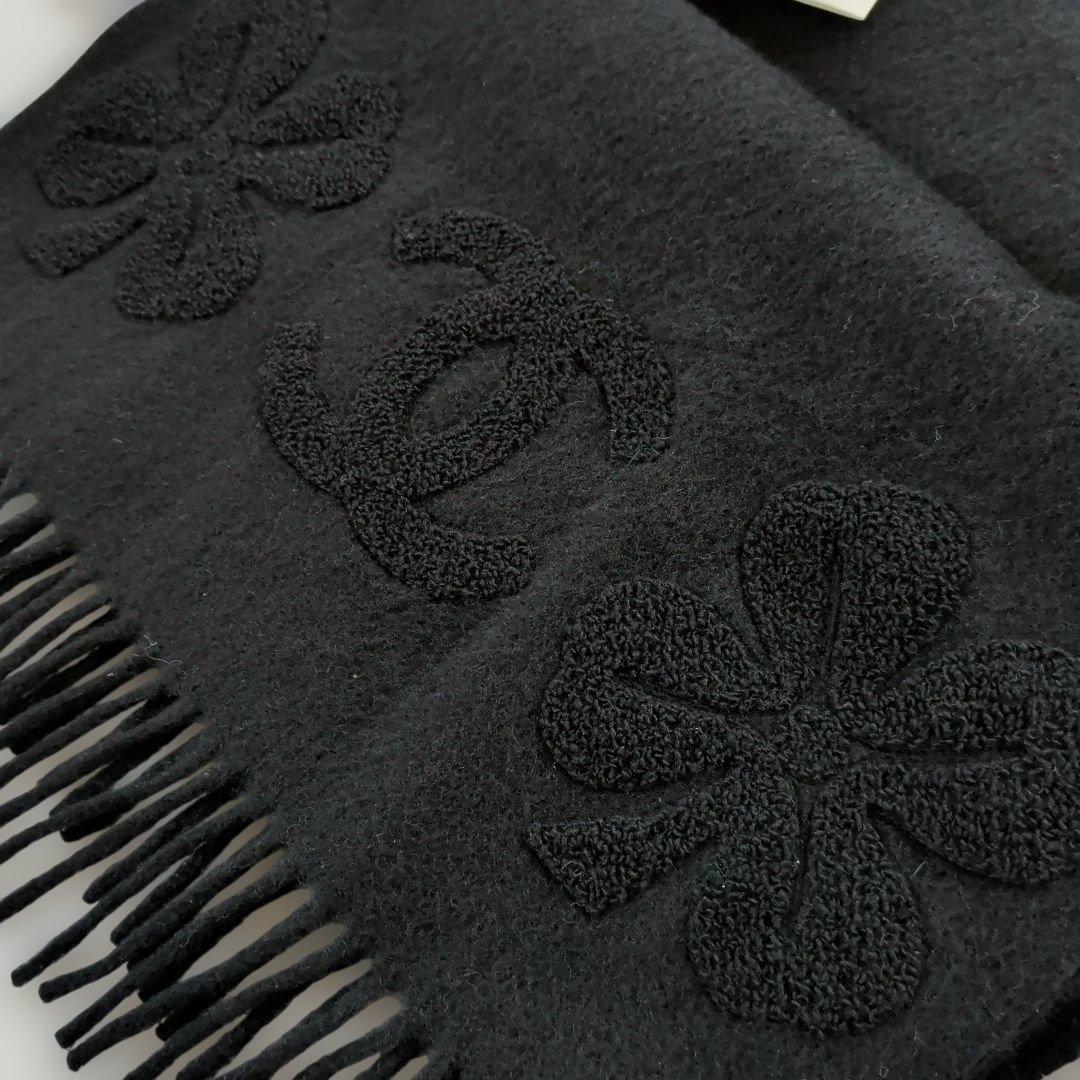 ♡未使用♡シャネル カシミア100%ブラックマフラー ココマーク刺繍 フリンジ