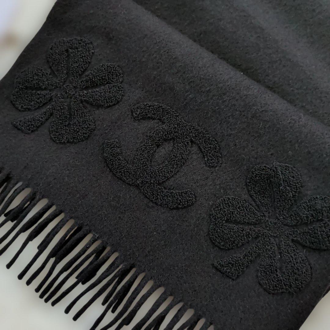 ♡未使用♡シャネル カシミア100%ブラックマフラー ココマーク刺繍 フリンジ