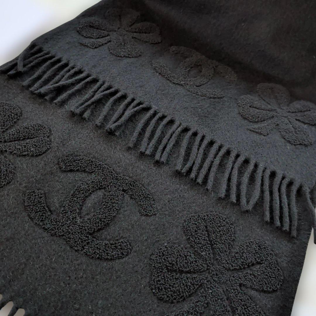 ♡未使用♡シャネル カシミア100%ブラックマフラー ココマーク刺繍 フリンジ