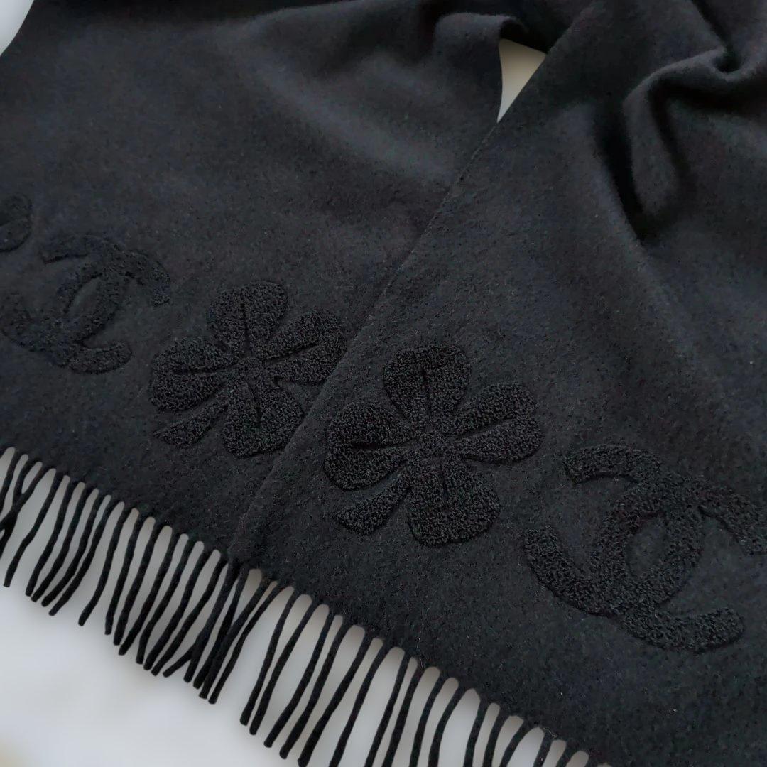♡未使用♡シャネル カシミア100%ブラックマフラー ココマーク刺繍 フリンジ