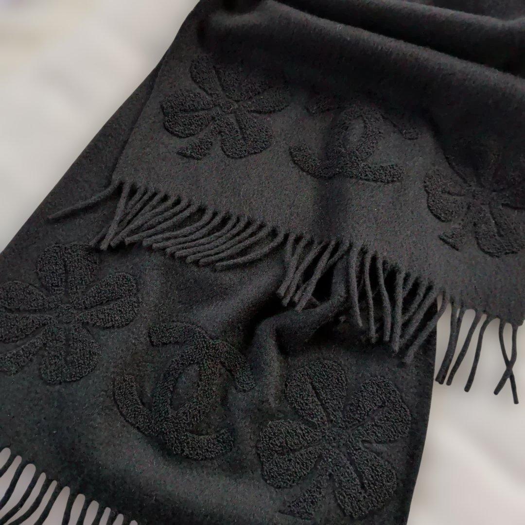 ♡未使用♡シャネル カシミア100%ブラックマフラー ココマーク刺繍 フリンジ