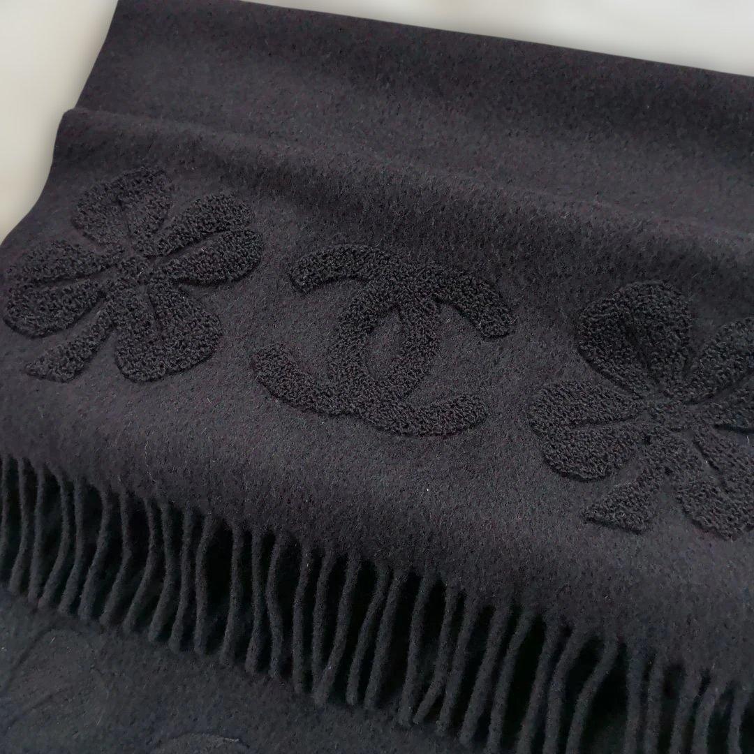 ♡未使用♡シャネル カシミア100%ブラックマフラー ココマーク刺繍 フリンジ