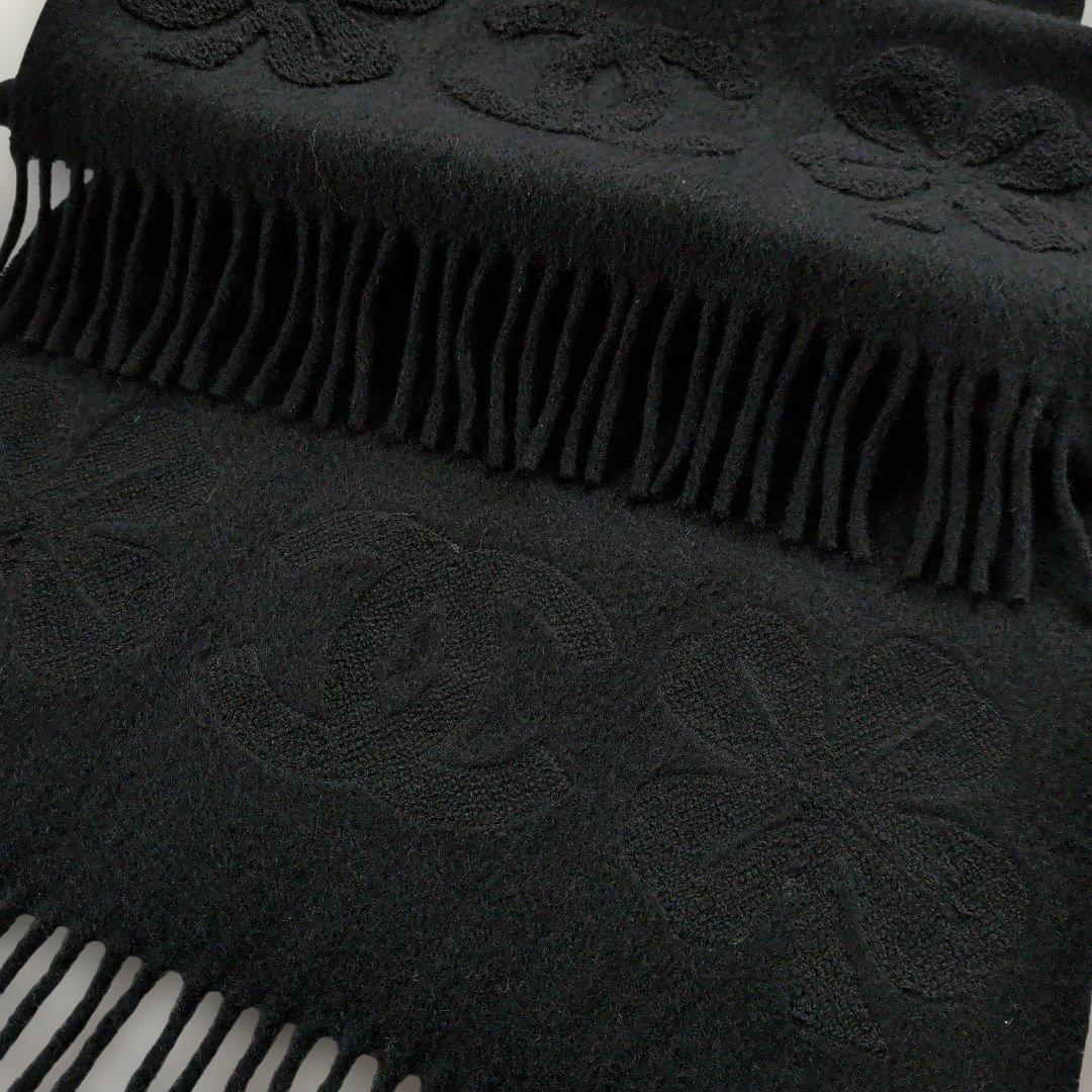 ♡未使用♡シャネル カシミア100%ブラックマフラー ココマーク刺繍 フリンジ