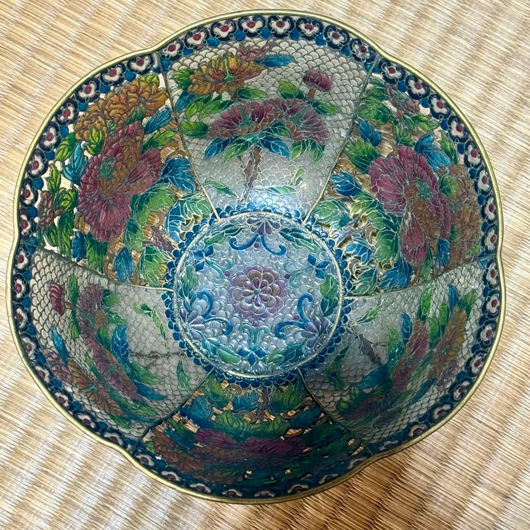 中国古玩　唐物　透かし透胎七宝花文鉢　菓子器　銅線七宝