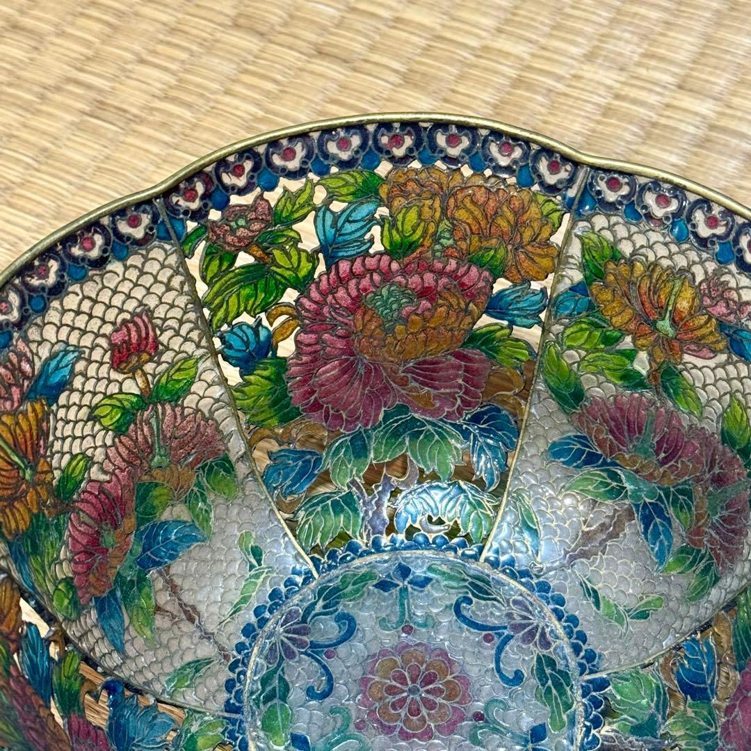 中国古玩　唐物　透かし透胎七宝花文鉢　菓子器　銅線七宝
