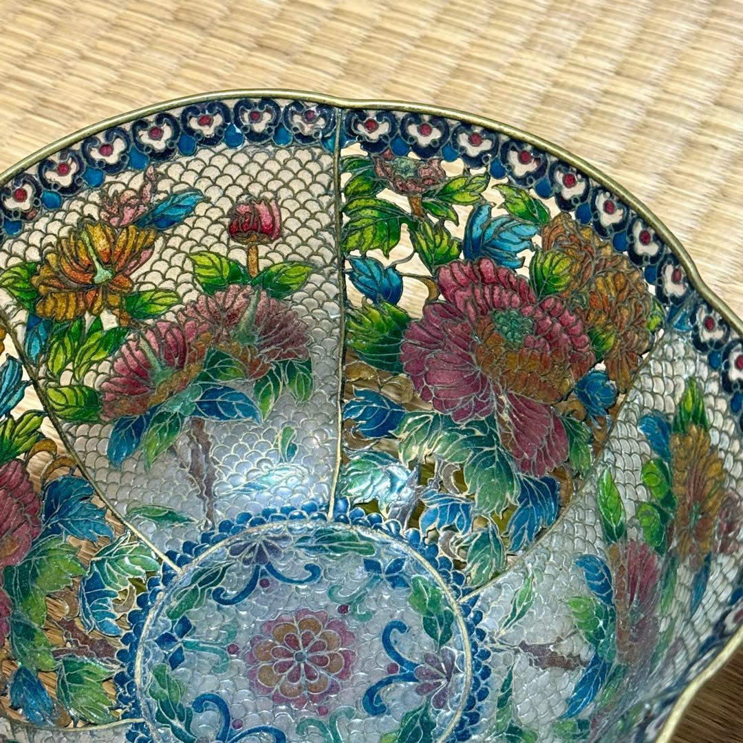 中国古玩　唐物　透かし透胎七宝花文鉢　菓子器　銅線七宝