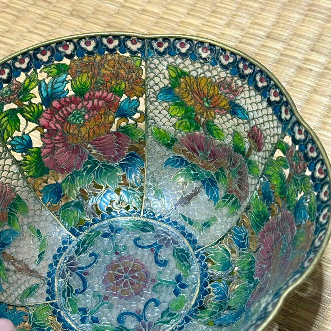 中国古玩　唐物　透かし透胎七宝花文鉢　菓子器　銅線七宝