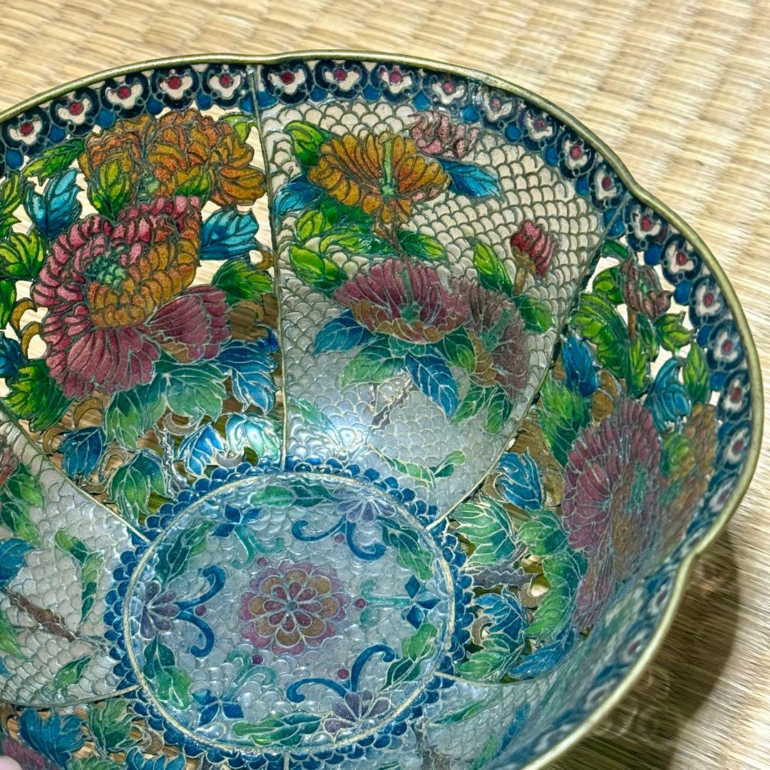 中国古玩　唐物　透かし透胎七宝花文鉢　菓子器　銅線七宝