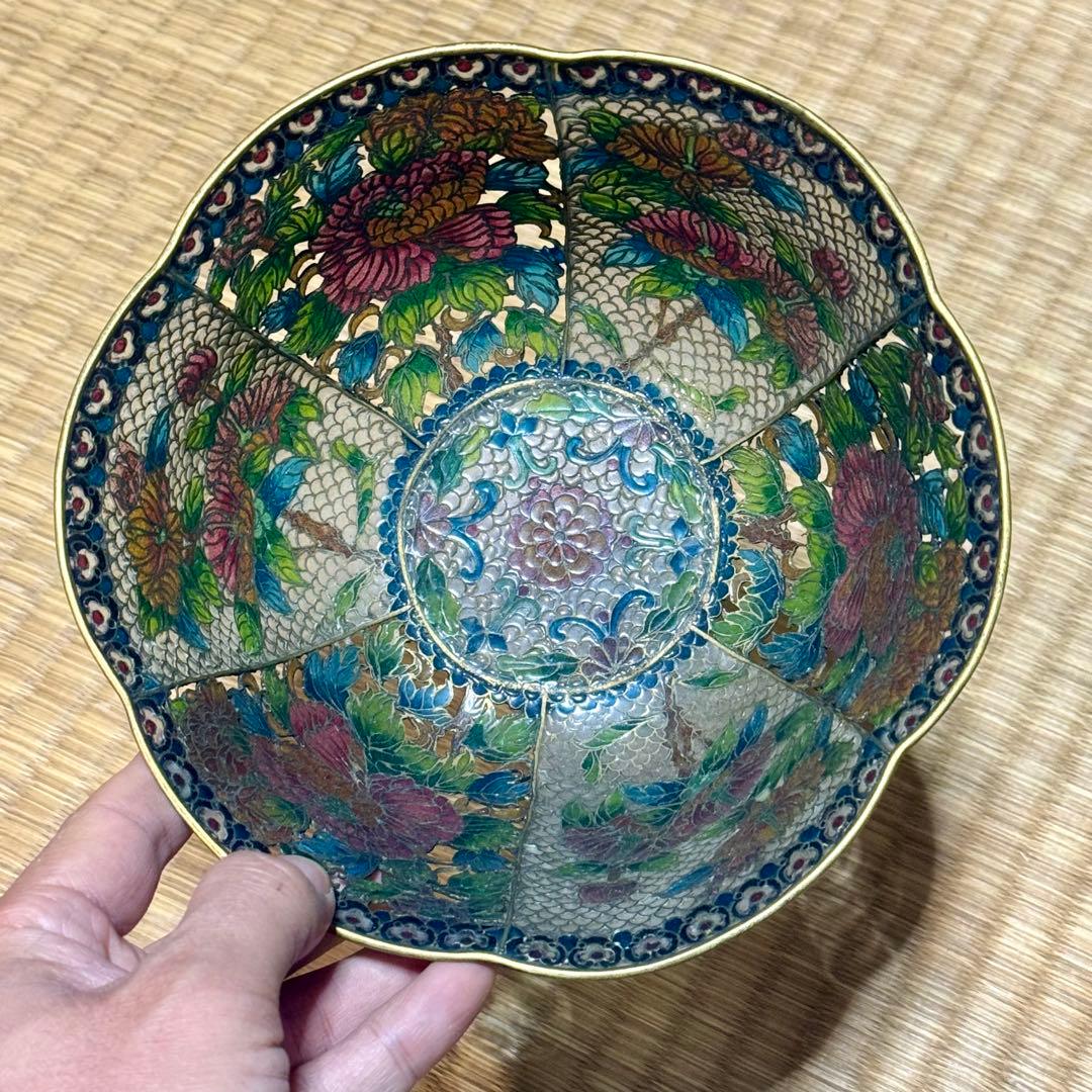 中国古玩　唐物　透かし透胎七宝花文鉢　菓子器　銅線七宝