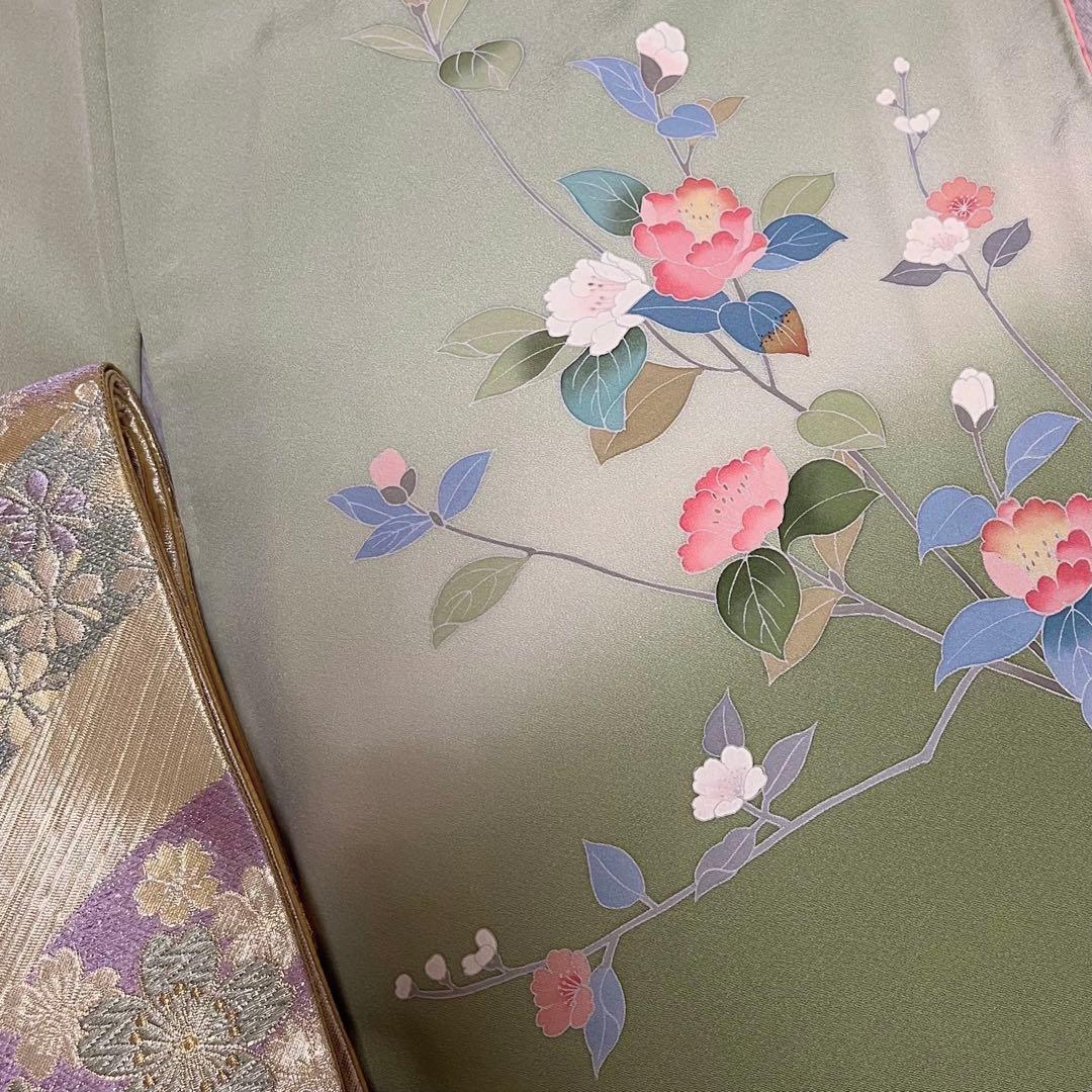 訪問着+帯の2点セット　若草色　みどり　グリーン　トールサイズ　ロング丈