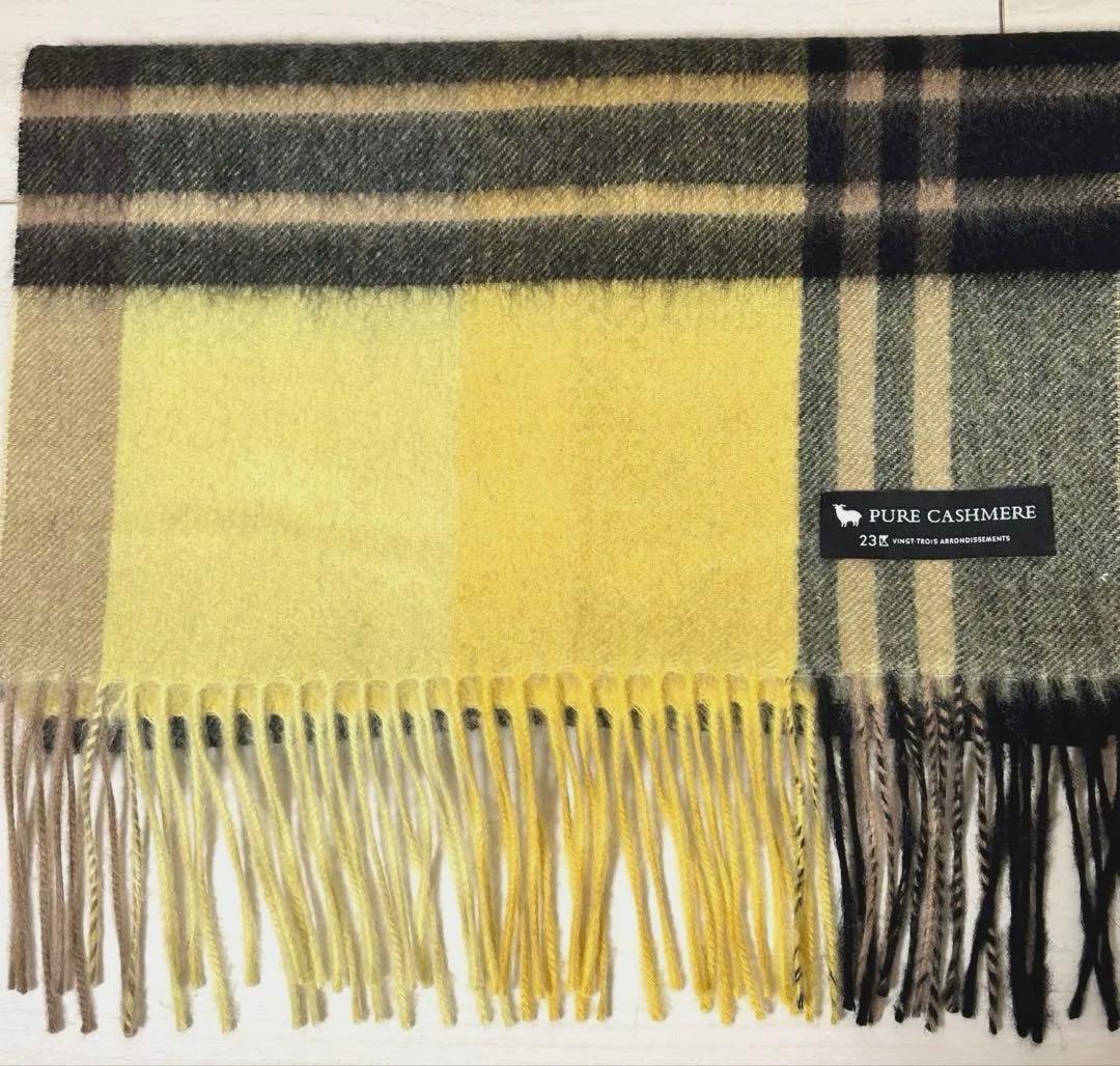 最終値下　23区　美品カシミヤ 100%チェック マフラー　イエロー