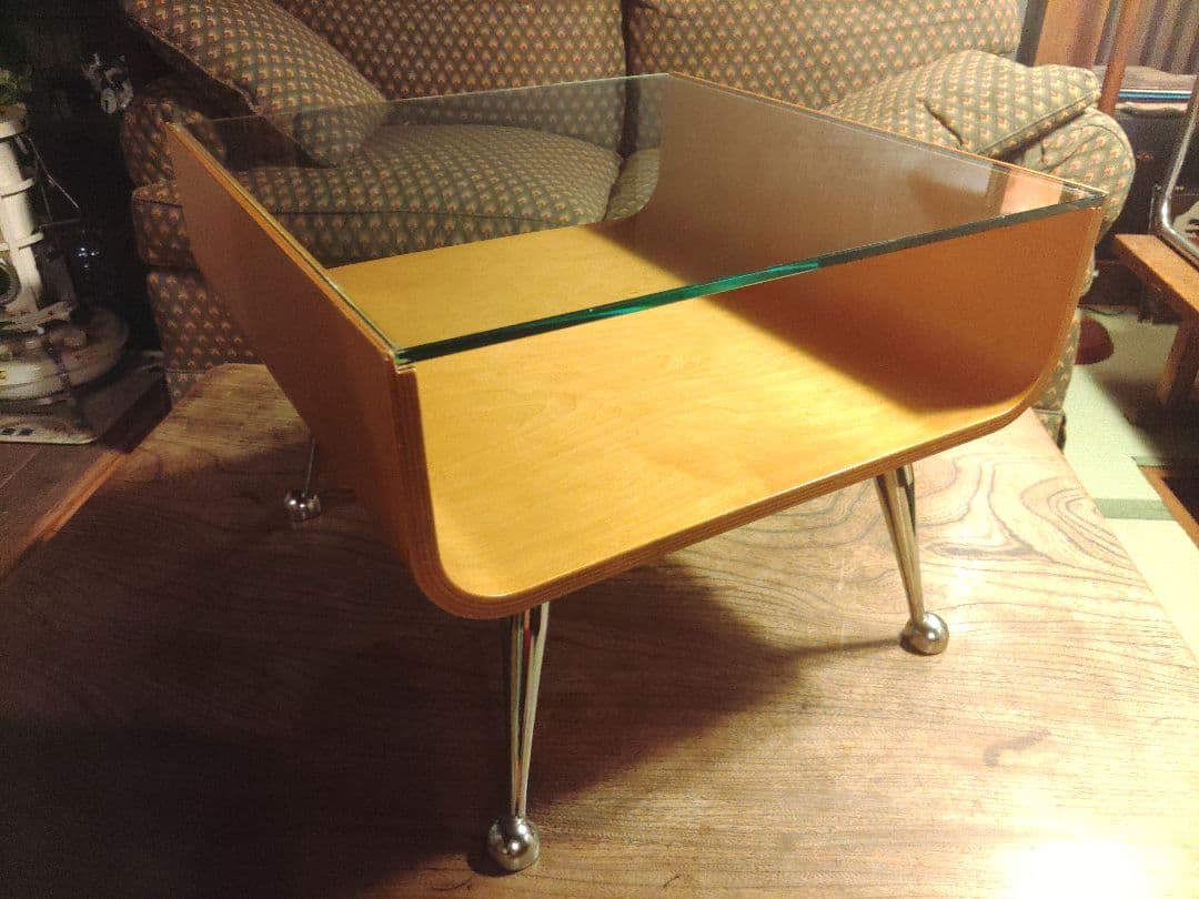 ミッドセンチュリー スペースエイジ プライウッド センターテーブル ガラス