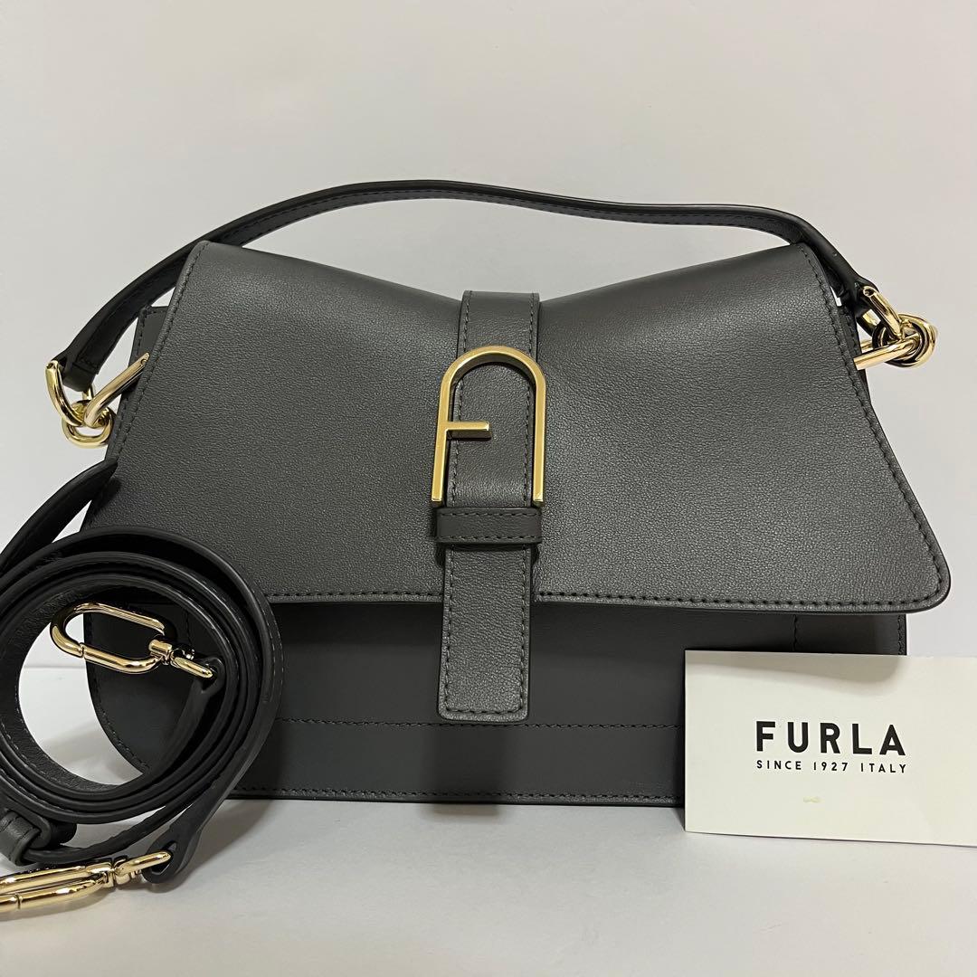 極美品✨現行モデル✨フルラ　フロー　2way ショルダーバッグ　レザー　グレー