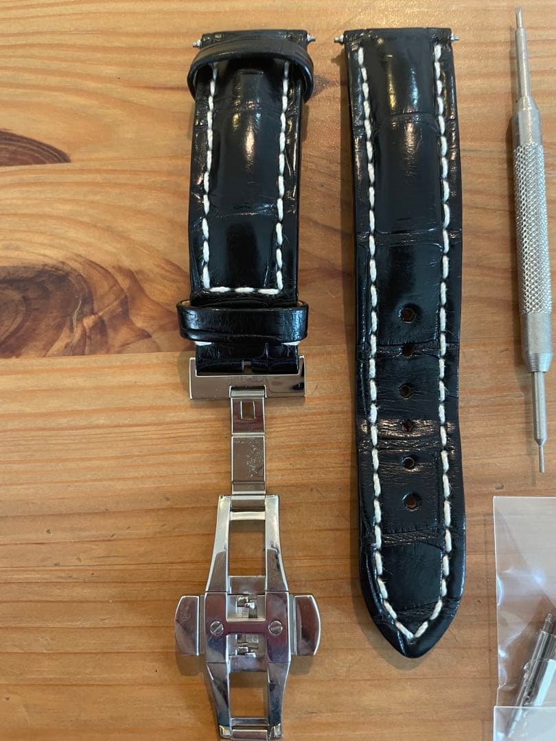 【美品】ブライトリング純正レザーベルト黒 20-18 (★社外品Dバックル付き)
