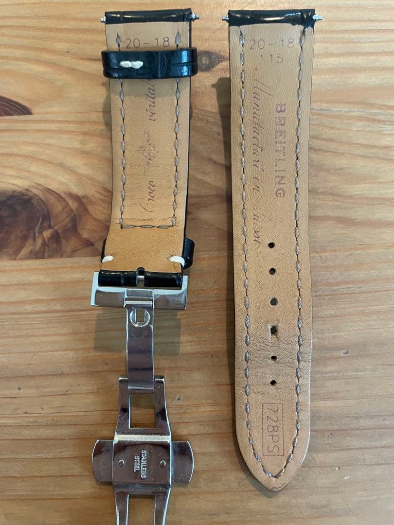【美品】ブライトリング純正レザーベルト黒 20-18 (★社外品Dバックル付き)