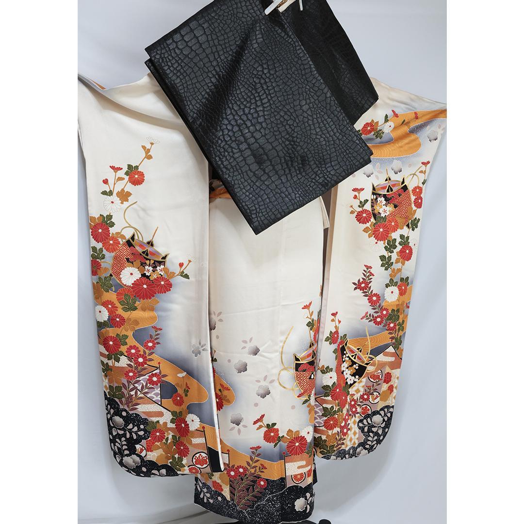 難あり振袖単体161.5cm人気アイボリーホワイト白系黒グレー正絹成人式OZ53