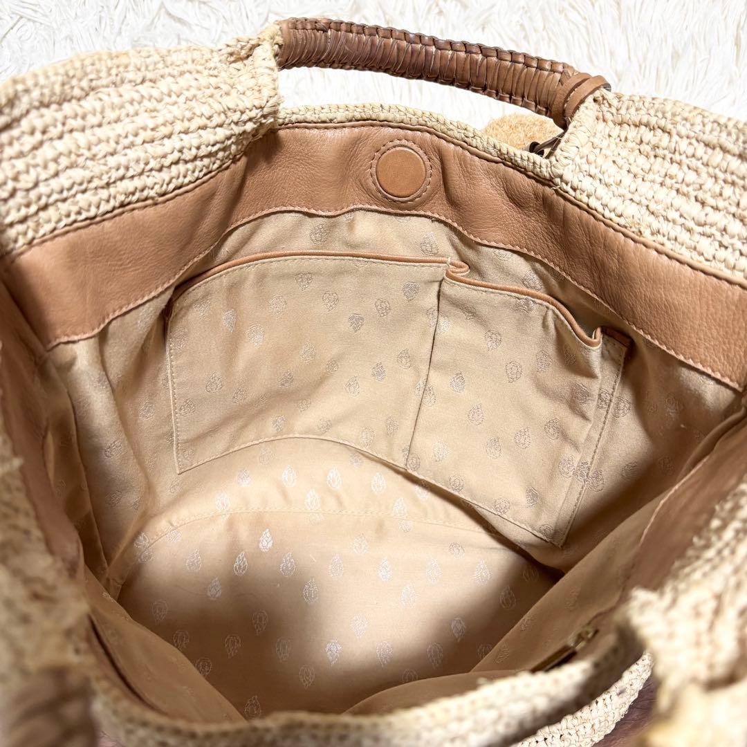 美品 収納袋付き ヘレンカミンスキー ラフィア カゴバッグ ポンポン 本革