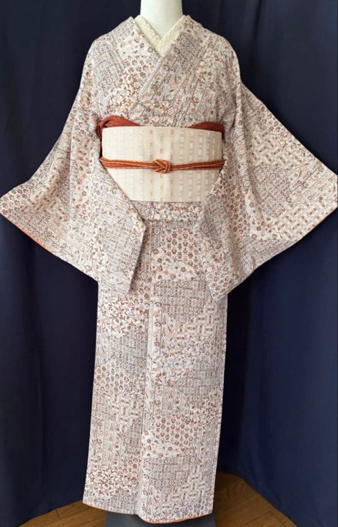 ★専用★ 【更紗小紋】更紗切り嵌め　細かな彫りの柄　洋草花菱文　しつけ付き