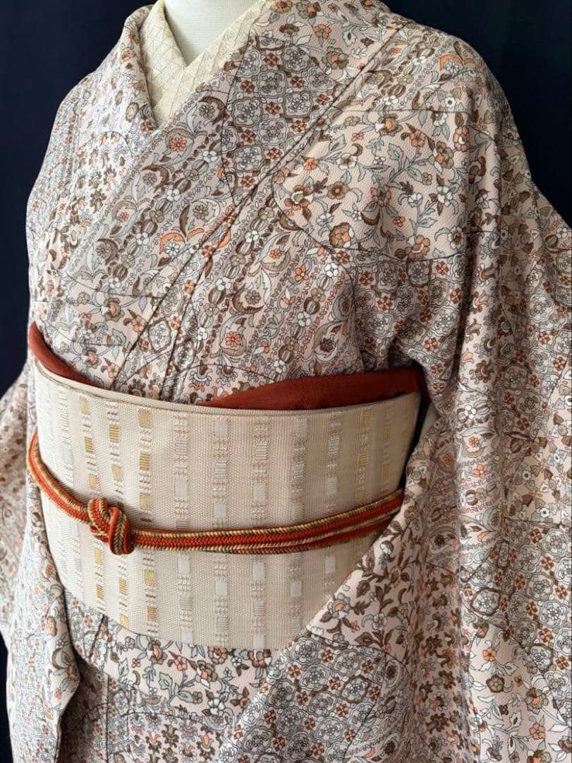 ★専用★ 【更紗小紋】更紗切り嵌め　細かな彫りの柄　洋草花菱文　しつけ付き