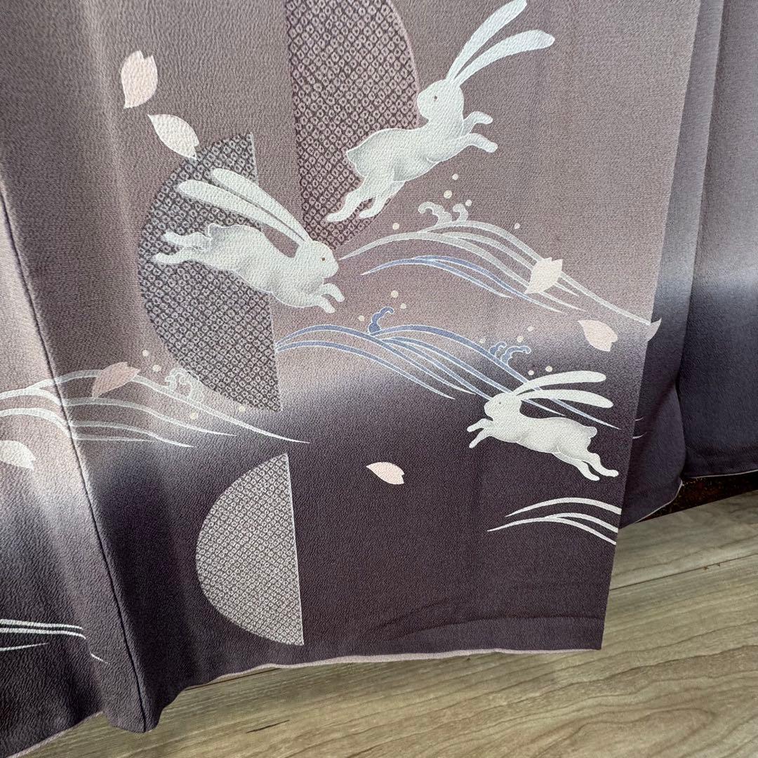 超美品　袷　訪問着　正絹　現代　波　うさぎ　小豆色　刺繍　桜　162裄65