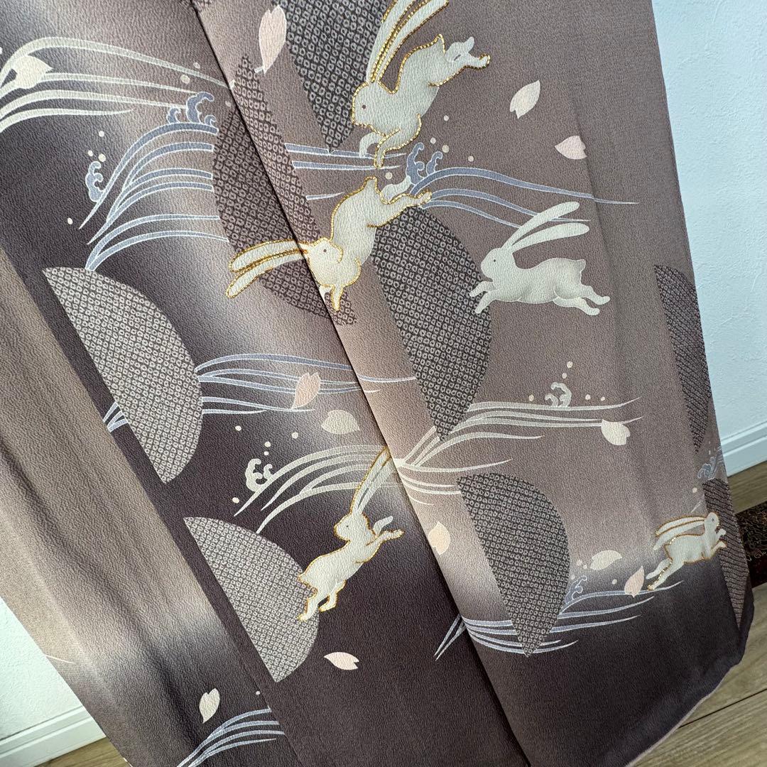 超美品　袷　訪問着　正絹　現代　波　うさぎ　小豆色　刺繍　桜　162裄65