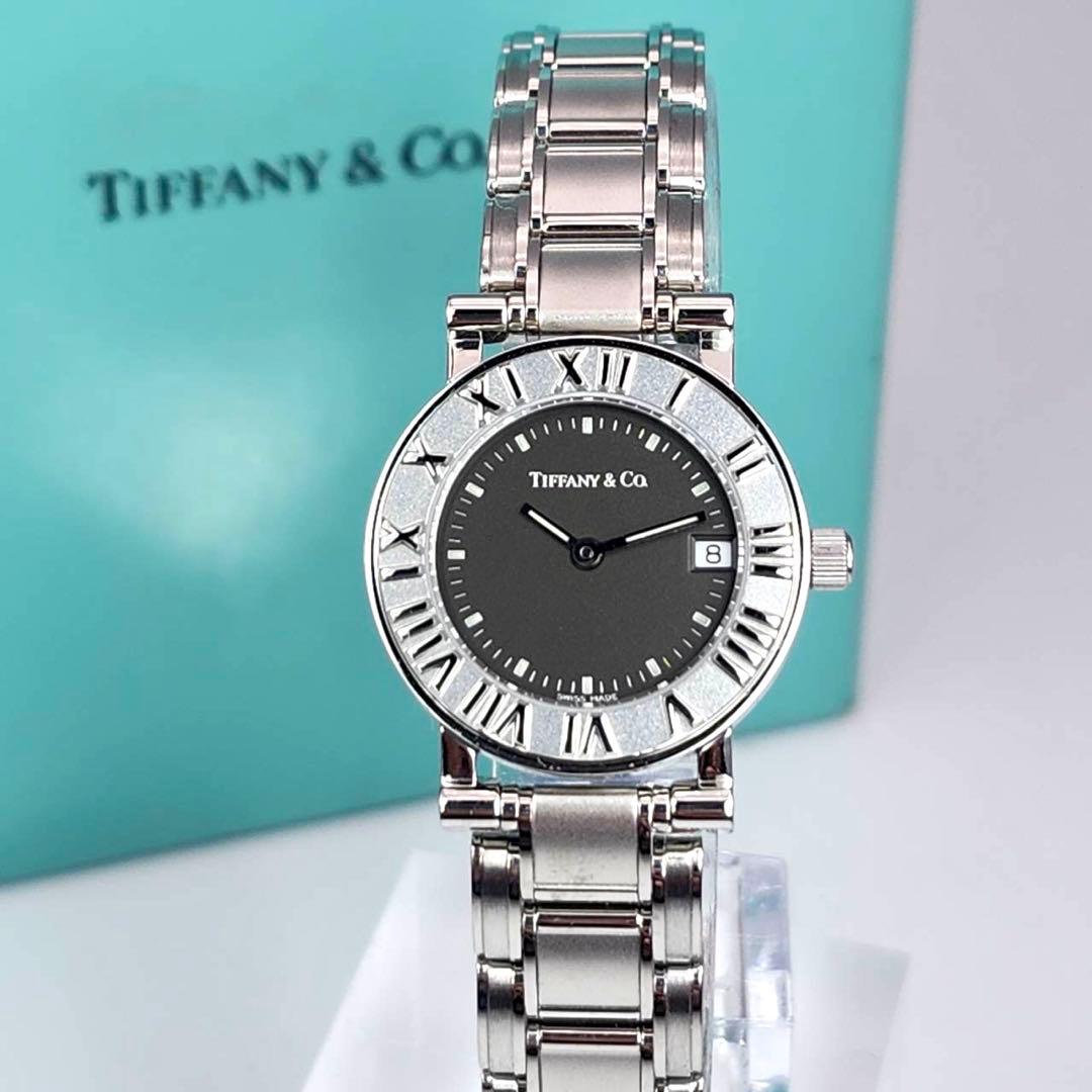 美品✨　ティファニー　時計　アトラス　ラウンド　黒文字盤　シルバー　付属品有り