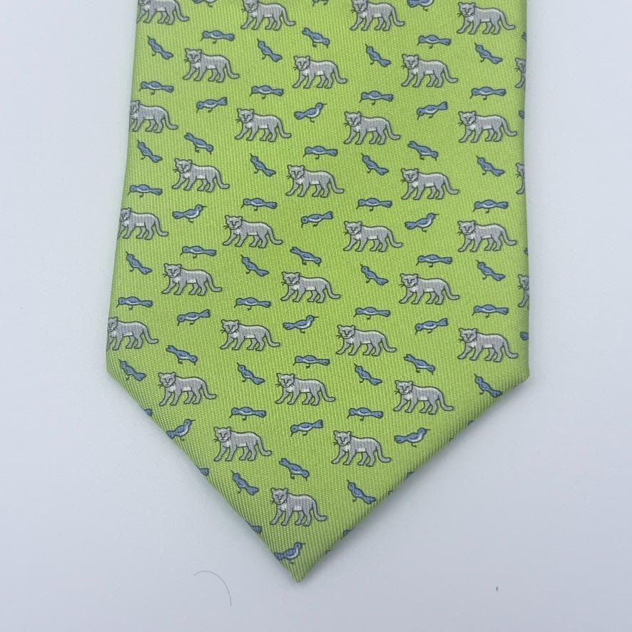 Hermesネクタイシルク　キャット＆バード柄 グリーン系 フランス製箱付き