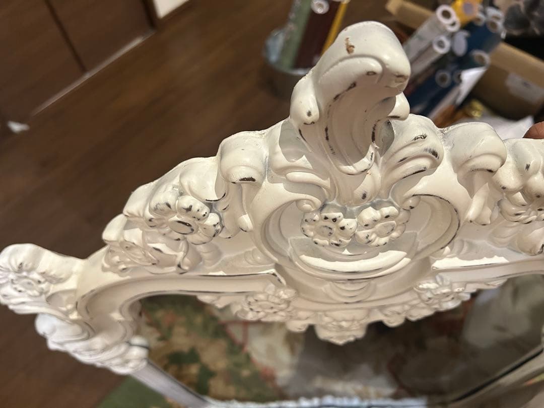 アンティーク　ロココ　ホワイト　壁掛けミラー　姿見