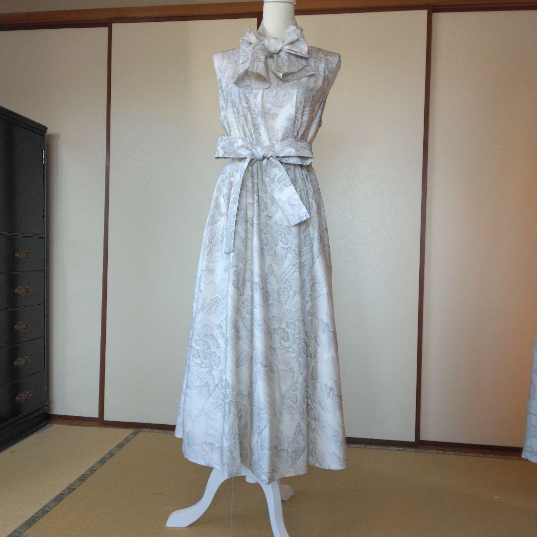 白大島紬解き生地からバイアス仕立てロングフレアーワンピース　L寸