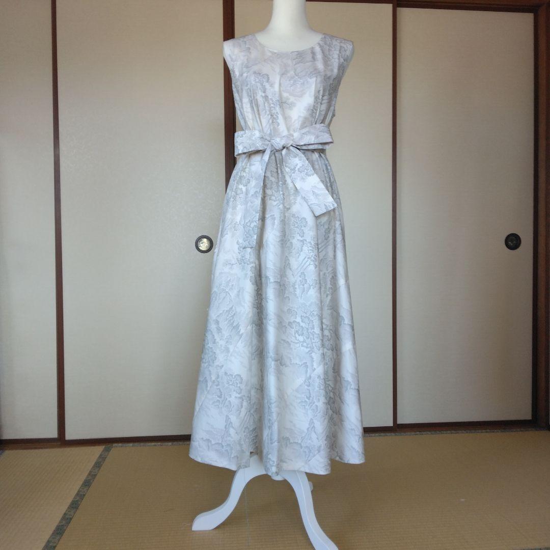 白大島紬解き生地からバイアス仕立てロングフレアーワンピース　L寸