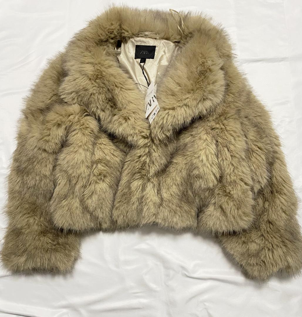 ザラ 新品 ライトベージュ ショートフェイクファーコート XL