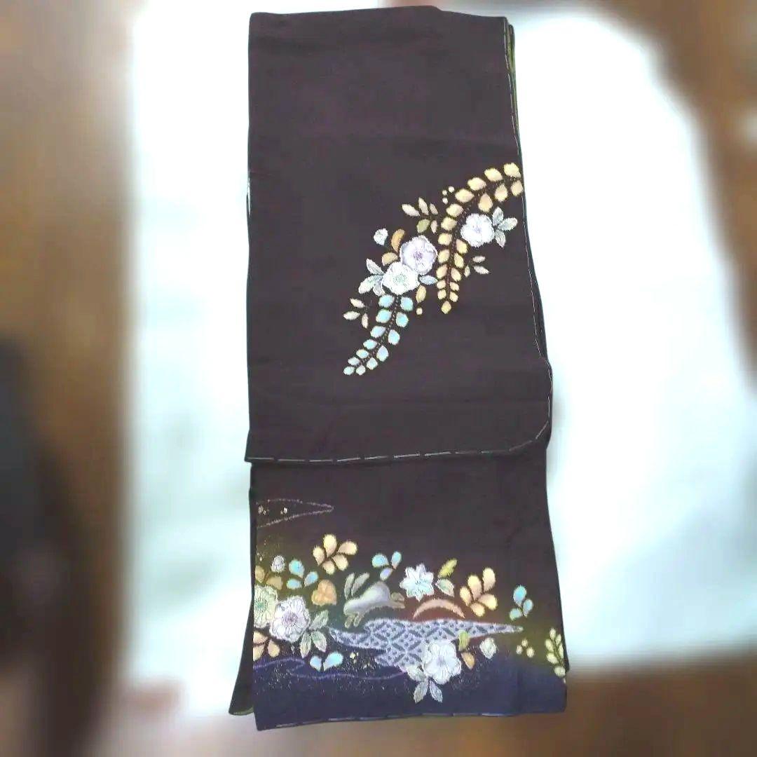 辻が花着物美しい花柄刺繍濃いブラウン系とネイビー躾付き新品未使用品逸品
