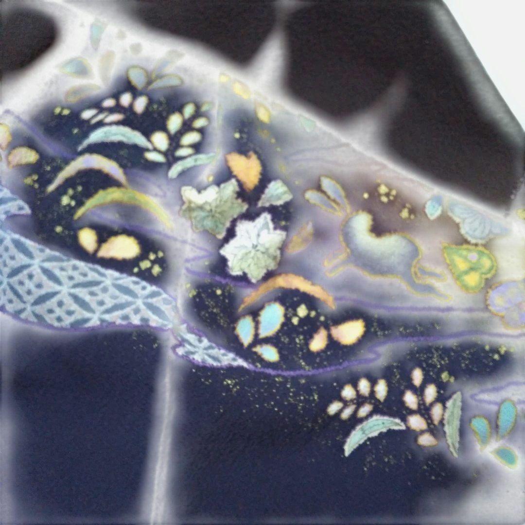 辻が花着物美しい花柄刺繍濃いブラウン系とネイビー躾付き新品未使用品逸品