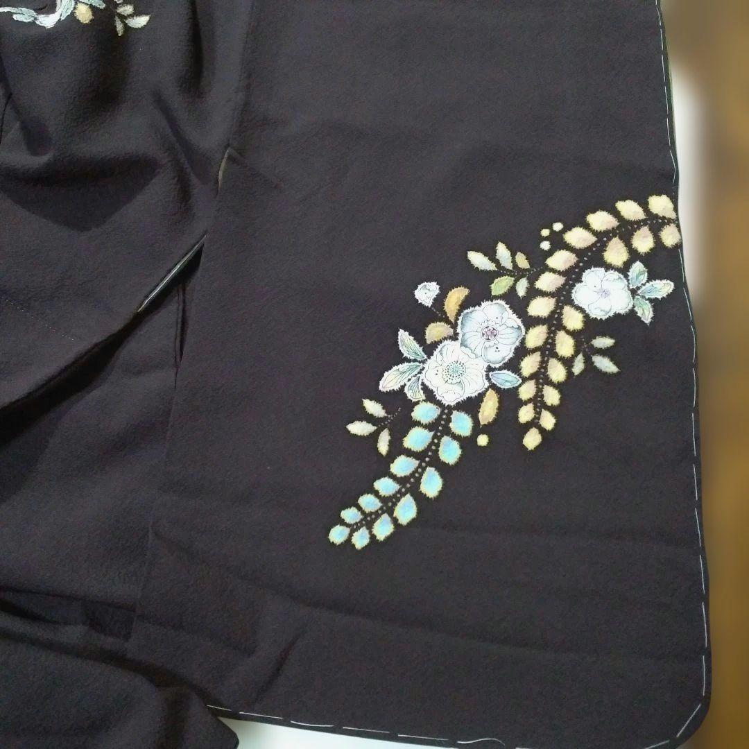 辻が花着物美しい花柄刺繍濃いブラウン系とネイビー躾付き新品未使用品逸品