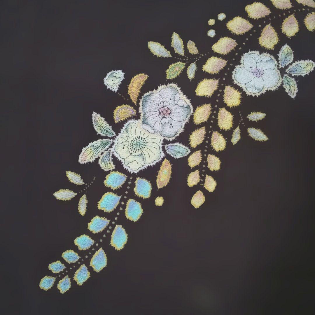 辻が花着物美しい花柄刺繍濃いブラウン系とネイビー躾付き新品未使用品逸品