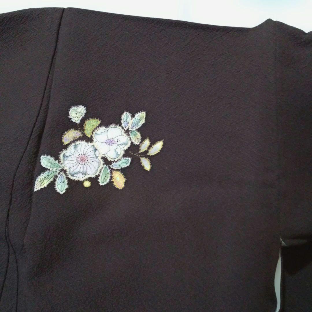 辻が花着物美しい花柄刺繍濃いブラウン系とネイビー躾付き新品未使用品逸品