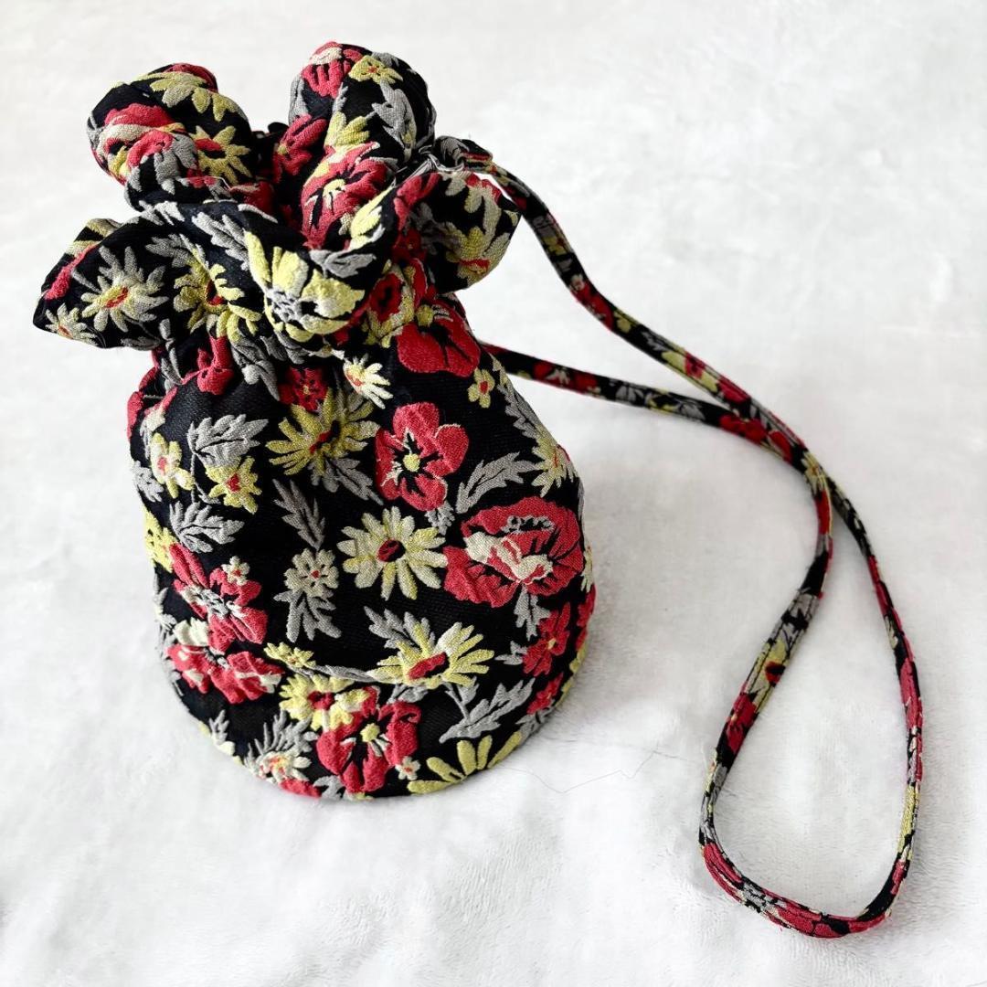 GANNI ボタニカル 巾着ショルダーバッグ　ブラック　刺繍　黒 ジャガード